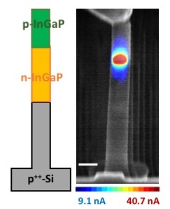 Nanowire containing p-n junction, schematic and SEM image with EBIC